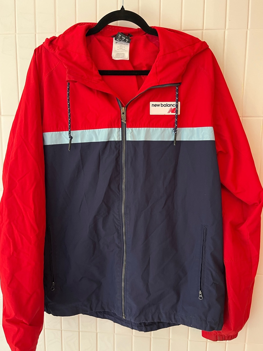 90s New Balance Colorblock Windbreaker Jacket | Red Navy Hooded Full Zip Vintage